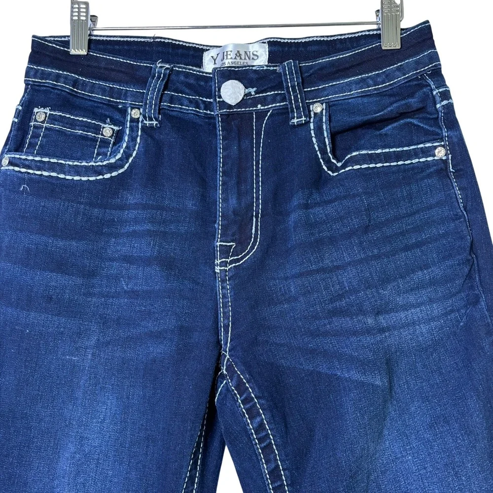 Y Jeans Los Angeles Straight Leg Jeans Womens 9/10 Dark‎ Wash Embroidered Bling